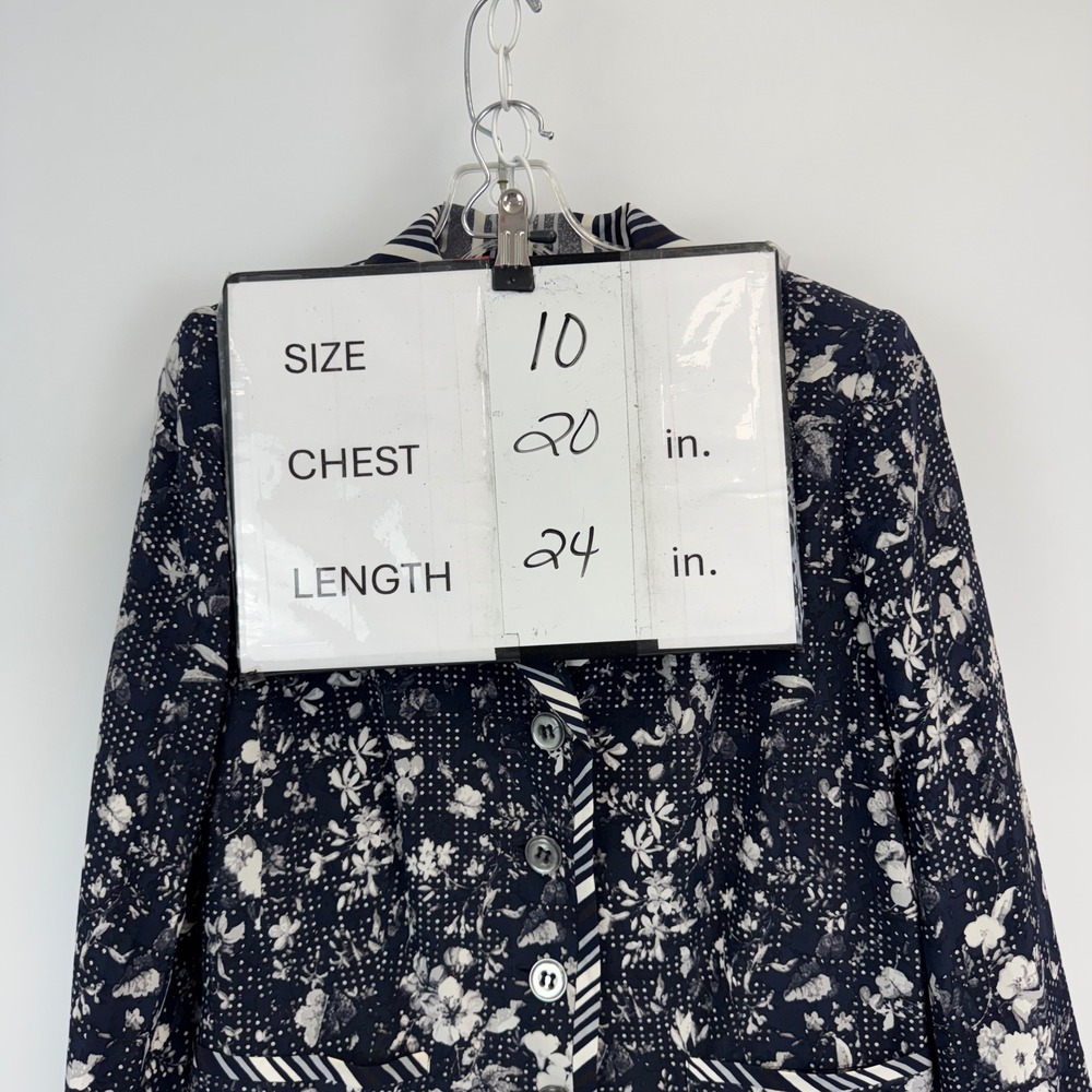 Weill Paris 100% Silk Floral Polka Dot Striped Trim Blazer Navy White Size 10 - Picture 3 of 16